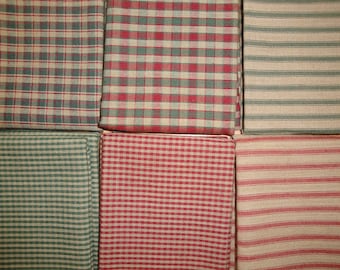 Dunroven House Red Green Check Plaid Ticking Holiday Christmas EIGHTH YARD Bundle Of 6 | Primitive Farmhouse Rustic Country Homespun Fabric