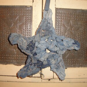 LARGE Crocheted Star Made From Old Antique Vintage Denim | 11 Inch Primitive Hand Made Star | Cupboard Hanger | Christmas Holiday Ornament