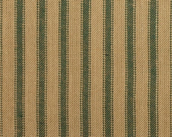 Green Stripe Fabric | Homespun Ticking Fabric | Green And Tea Dye TAN Stripe Ticking Fabric | Primitive Woven Cotton Home Decor Fabric