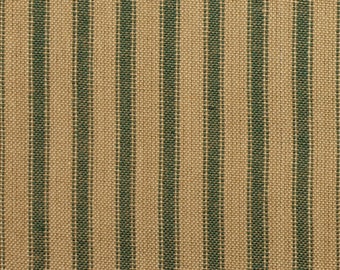 Green Stripe Fabric | Homespun Ticking Fabric | Green And Tea Dye Stripe Ticking Fabric | Primitive Woven Cotton Home Decor Fabric