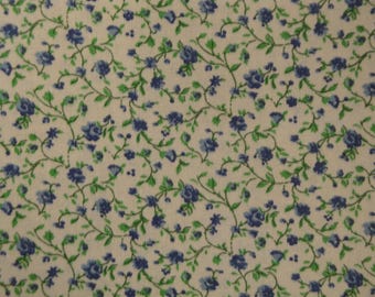 Quilters Calico Blue Flower Green Vine Sewing Quilt Apparel Doll Making Home Decor Fabric | Primitive Old Antique Vintage Look Fabric
