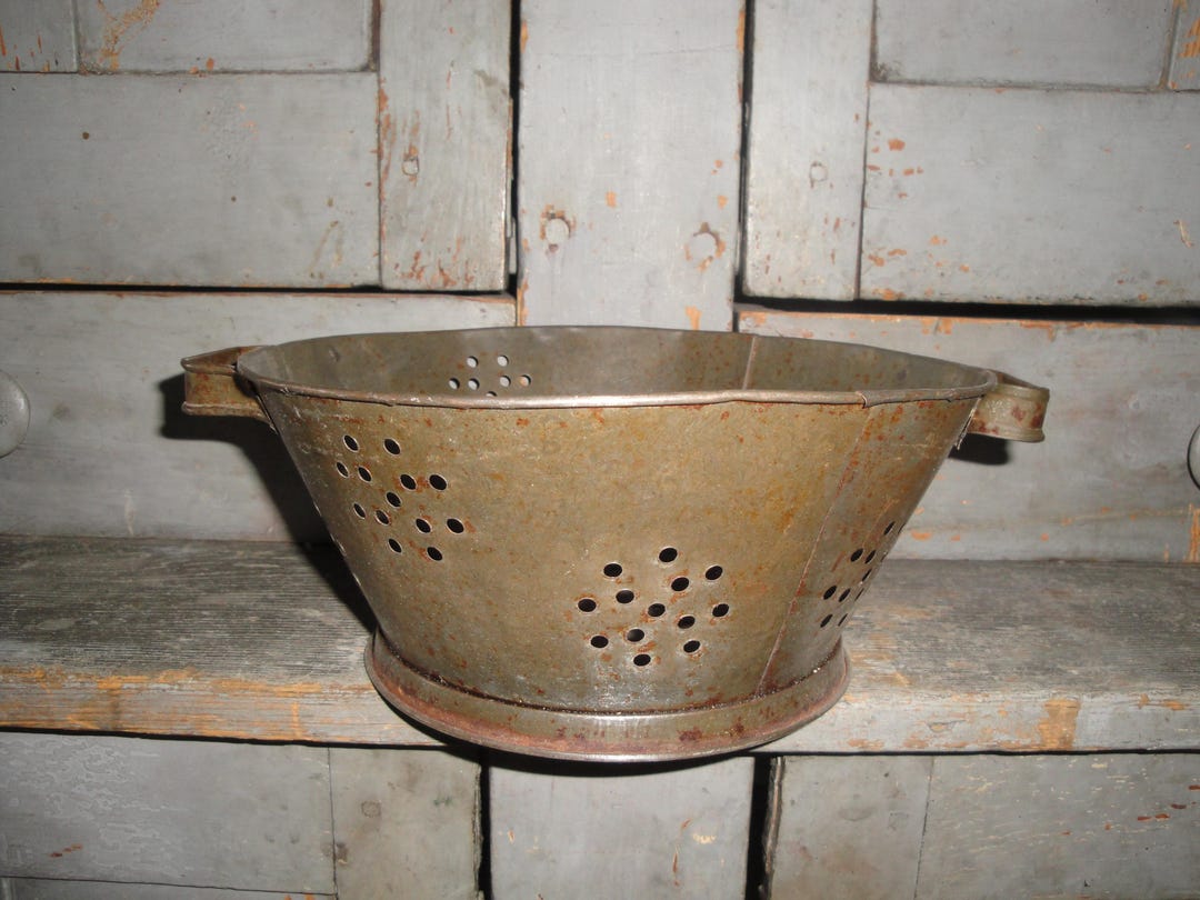 Old Antique Vintage Primitive Rustic Tin Colander Strainer With Strap ...