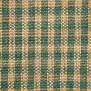 May include: A close-up of a green and tan gingham fabric with a woven texture.