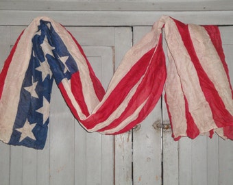 Primitive Americana Flag Scarf Mantal Swag Bunting Garland Cupboard Tuck | Old Glory Red White Blue Stars Stripes Hand Dyed Aged Not Aged