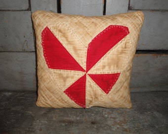 Primitive Aged Old Antique Vintage Red Pinwheel Heart Quilt Pillow Fabric Stuffed