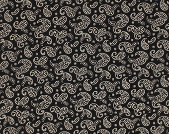 Remember When Civil War Reproduction Black And Cream Paisley Cotton Fabric | Primitive Country Antique Vintage Look Fabric FAT QUARTER