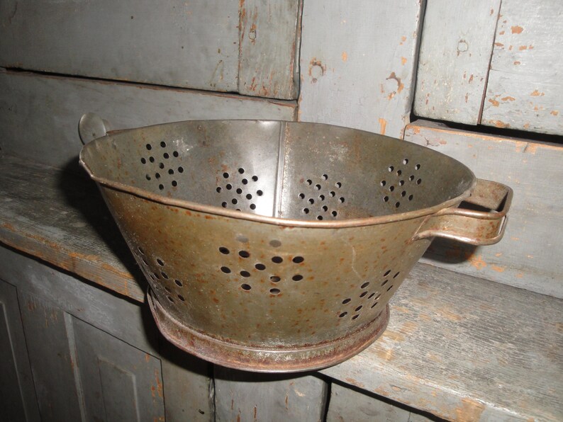 Rusty Colander Old Antique Vintage Primitive Rustic Tin Colander Strainer With Strap ...