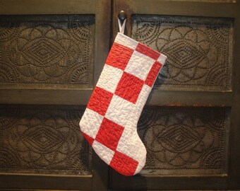 Vintage Antique Repurposed Aged Red White Old Quilt Christmas Stocking | Farmhouse Country Cottage Cabin Rustic Primitive Christmas