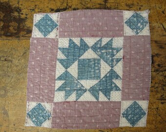 Old Tattered Worn Blue Calico Quilt Square | Antique Vintage Primitive Country Cabin Blue Cutter Quilt Scrap Piece With Pink Plaid Back