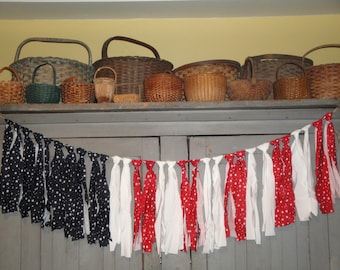 American Flag Mantel Cupboard Window Swag Garland | Fabric Strips Patriotic Old Glory Red White Blue Stars Stripes Banner