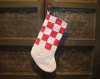 Primitive Vintage Antique Repurposed Red White Old Quilt Christmas Stocking | Farmhouse Country Cottage Cabin Rustic Primitive Christmas
