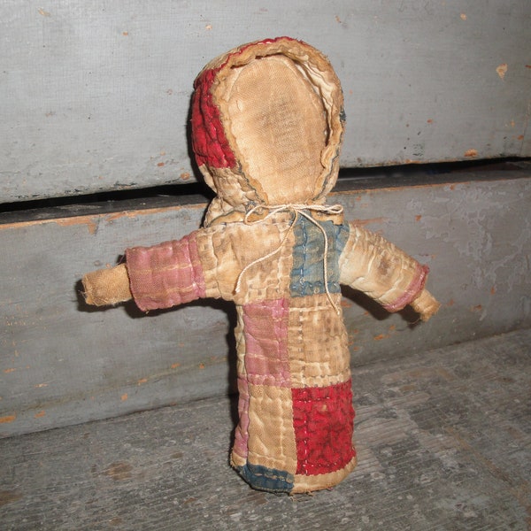 Antique Vintage Primitive Small Hand Sewn Worn Tattered Aged Old Quilt Doll | Rustic Shelf Sitter | Cupboard Tuck | Basket Bowl Filler