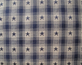 Star Fabric | Plaid  Fabric | Cotton Home Decor Fabric | Americana Fabric | Country Cupboard Jacquard Navy Star Plaid Fabric