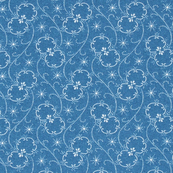 Classic Floral Reproduction Calico Medium Blue Fabric Flower Swirl Sunburst Design | Primitive Old Antique Vintage Look Fabric FAT QUARTER