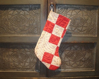 Aged Primitive Vintage Antique Repurposed Red White Old Quilt Christmas Stocking | Farmhouse Country Cottage Cabin Rustic Christmas