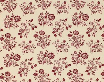 Remember When Civil War Reproduction Cream Cotton Quilt Fabric With Red Flower Design | Old Primitive Antique Vintage Look Sewing Fabric