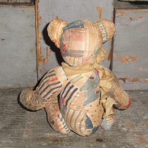 Hand Sewn Vintage Patchwork Old Ouilt Bear | Primitive Aged Tattered Jointed SMALL 7 Inch Tall Bear | Handmade Old Antique Quilt Bear image 6