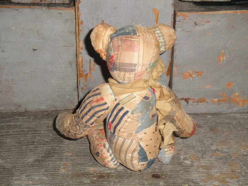 Hand Sewn Vintage Patchwork Old Ouilt Bear | Primitive Aged Tattered Jointed SMALL 7 Inch Tall Bear | Handmade Old Antique Quilt Bear image 6