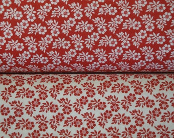 Florals Swirls White Red Reproduction Calico Sewing Quilt Home Decor Fabric | Old Primitive Antique Vintage Look Fabric YARD BUNDLE Of 2