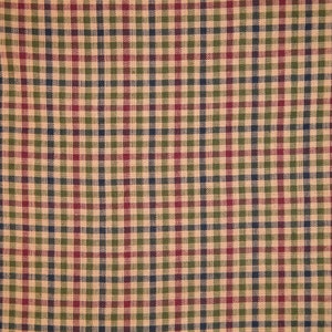 May include: A close-up of a fabric with a checkered pattern in shades of beige, green, red, and blue.