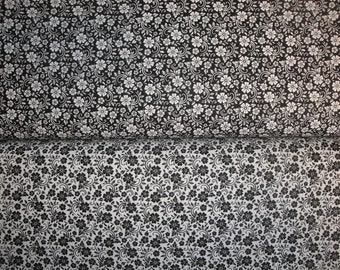 Floral Swirl Black White Cotton Quilt Apparel Home Decor Sewing Fabric | Primitive Old Antique Vintage Look Calico Fabric HALF Yard Bundle