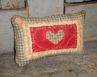 Aged Old Vintage Antique Quilt Handsewn Heart Small Pillow | Primitive Cupboard Tuck Shelf Sitter Basket Bowl Filler Quilt Heart Pillow