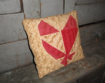 Primitive Aged Old Antique Vintage Red Heart Quilt Pillow From Recycled Quilt * Farmhouse Rustic Cottage Cabin Small Pillow Fabric Stuffed