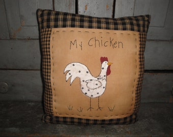 Primitive Hand Made My Chicken Pillow Hand Stitched & Painted  | Farmhouse Rustic Country Cabin Home Decor | Decorative Cloth Chicken Pillow