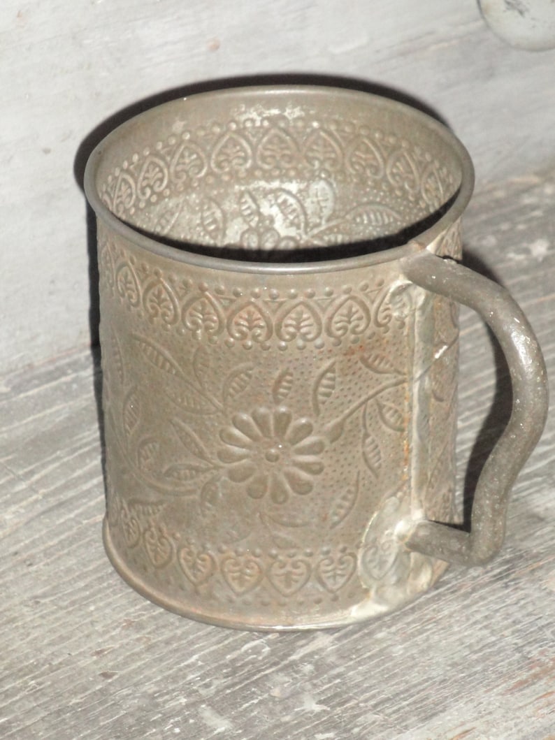 Vintage Embossed Tin Cup With Handle Primitive Tin Cup Etsy