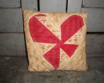 Primitive Aged Old Antique Vintage Red Heart Quilt Pillow Fabric Stuffed
