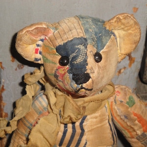 Hand Sewn Vintage Patchwork Old Ouilt Bear | Primitive Aged Tattered Jointed SMALL 7 Inch Tall Bear | Handmade Old Antique Quilt Bear image 1