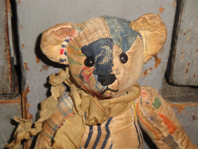 Hand Sewn Vintage Patchwork Old Ouilt Bear | Primitive Aged Tattered Jointed SMALL 7 Inch Tall Bear | Handmade Old Antique Quilt Bear image 1