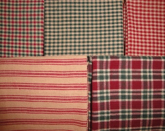 Rustic Woven Ticking Plaid Check Holiday Christmas Fat Quarter Bundle of 5 | Primitive Rustic Country Cabin Farmhouse Sewing DIY Fabric