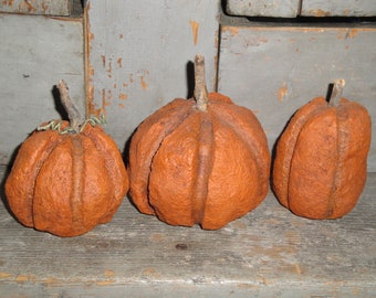 Primitive Handmade Paper Mache Dirty Pumpkins Set Of 3 | Fall Home Decor |  Basket Filler Shelf Sitter