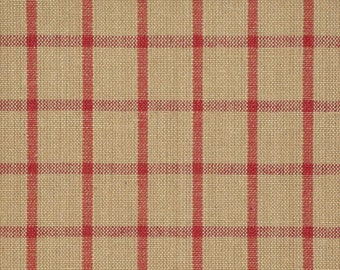 Puede incluir: Primer plano de una tela beige con un patrón de cuadros rojos. El patrón de cuadros consiste en líneas verticales y horizontales que se cruzan para formar una cuadrícula. La tela tiene una textura tejida.