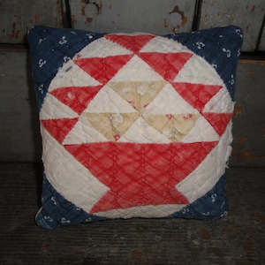 Tattered Old Antique Vintage Flower Basket Quilt Pillow | Small Primitive Worn Quilt Repurposed Quilt Pillow Shelf Sitter Basket Bowl Filler