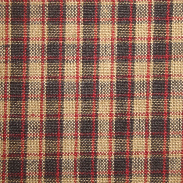 Black Red Tan Plaid Homespun Material | Colonial Plaid Material | Cotton Quilt Material | Rustic Cabin Country Farmhouse Home Decor Material