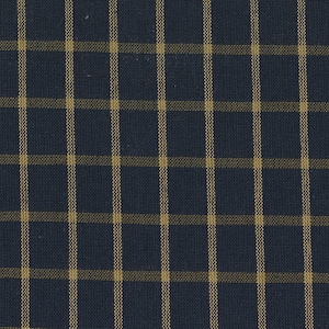May include: Close-up of a navy blue fabric with a grid pattern. The grid lines are a light tan color, creating a classic plaid design. The fabric has a textured appearance, suggesting a woven material.
