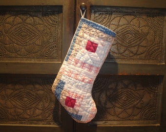 Primitive Vintage Antique Repurposed Old Log Cabin Quilt Christmas Stocking | Farmhouse Country Cottage Cabin Rustic Primitive Christmas