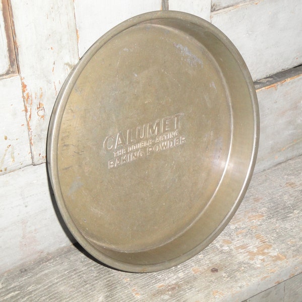 Primitive Old Antique Vintage Calumet Baking Power Pie Cake Baking Tin Metal Pan | Embossed Advertising Kitchen Farmhouse Rustic Home Decor