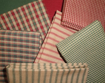 Dunroven House Red Green Ticking Check Plaid Solid Holiday Christmas EIGHTH YARD Bundle Of 8