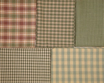 Sage Green Plaid Check Homespun Fabric Fat Quarter Bundle Of 5 | Sewing Crafting Quilt Doll Making Apparel Home Decor Primitive Fabric