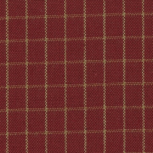 May include: Close-up of a red fabric with a grid pattern. The grid lines are a light tan color, creating a classic plaid design. The fabric has a textured appearance, suggesting a woven material, suitable for home decor or apparel.