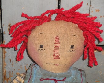 Primitive Handmade Aged Rustic Worn Raggedy Ann Cloth Doll Blue Ticking Dress Antique Quilt Collar Holding Vintage Blue Calico Quilt Heart