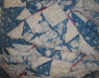 Old Blue Quilt Scrap | Antique Vintage Blue Quilt Scrap | 12 Blue Cutter Quilt Scrap Pieces With Pink Plaid Back