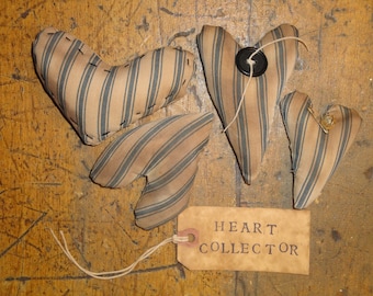Vintage Blue Ticking Hearts | Antique Ticking Heart Bowl Fillers | Heart Cupboard Tucks | Primitive Blue Ticking Heart | SET OF 4