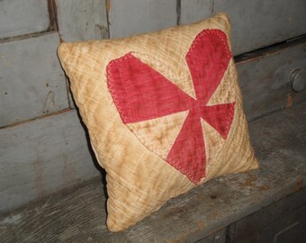 Primitive Aged Old Antique Vintage Red Heart Quilt Pillow Fabric Stuffed