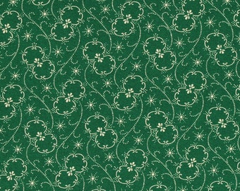 Classic Floral Reproduction DARK Green Calico Cotton Sewing Fabric Flower Swirl Sunburst Design | Primitive Old Antique Vintage Look Fabric
