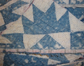 Old Blue Quilt Scrap | Antique Vintage Blue Quilt Scrap | 7 Blue Cutter Quilt Scrap Pieces With Pink Plaid Back