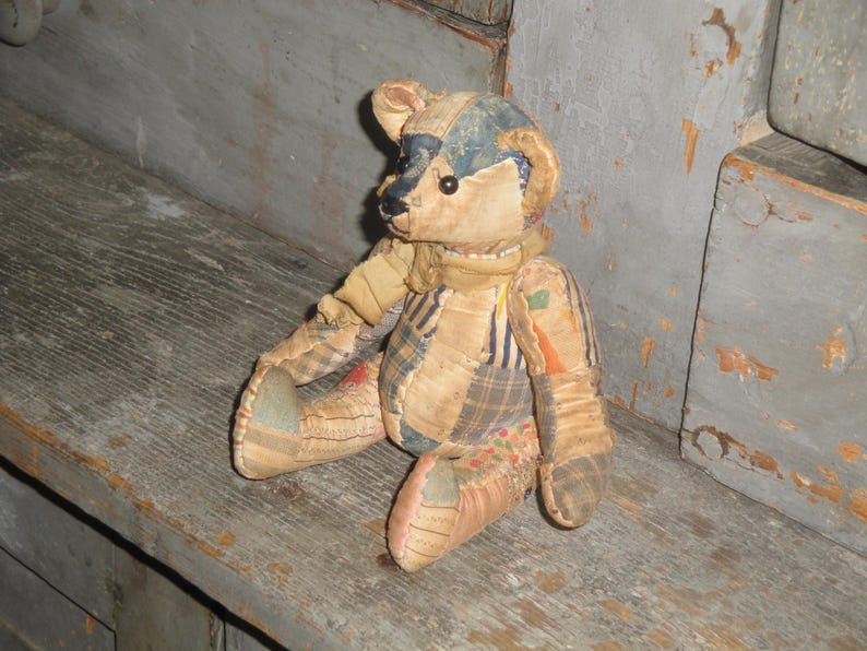 Hand Sewn Vintage Patchwork Old Ouilt Bear | Primitive Aged Tattered Jointed SMALL 7 Inch Tall Bear | Handmade Old Antique Quilt Bear image 4